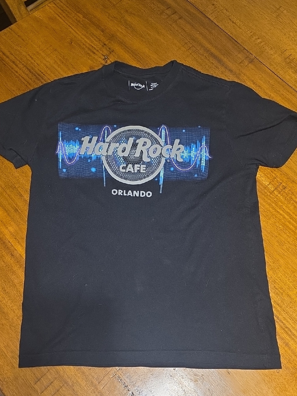 Hard Rock Cafe Black Tee with Blue Audio Wave Graphic - Orlando XS